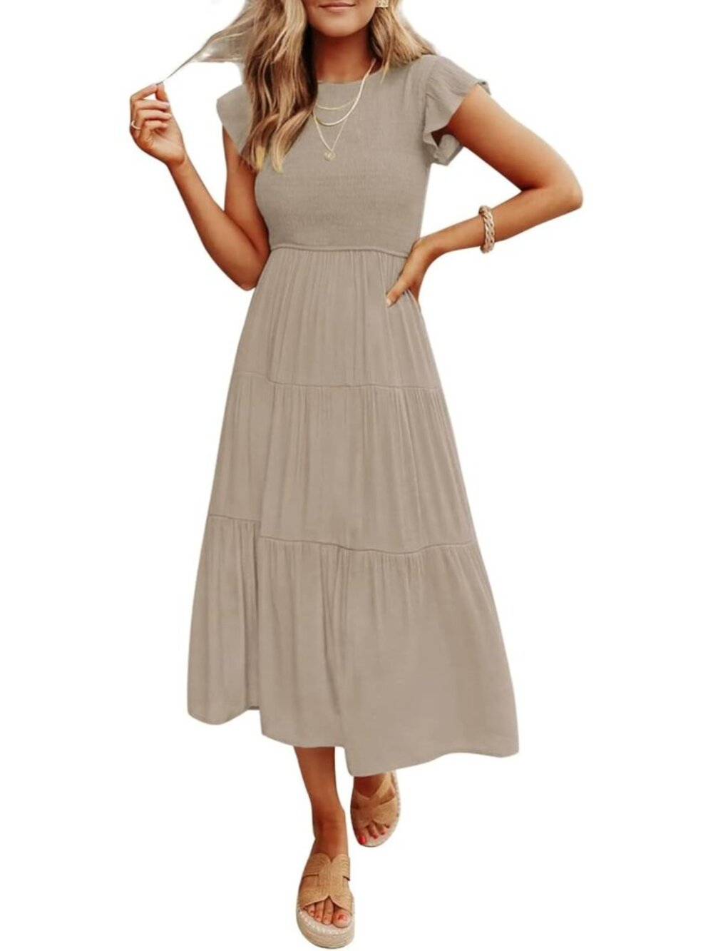 Women's khaki Summer Casual Midi Dress Boho Flutter Sleeve Crew Neck Smocked